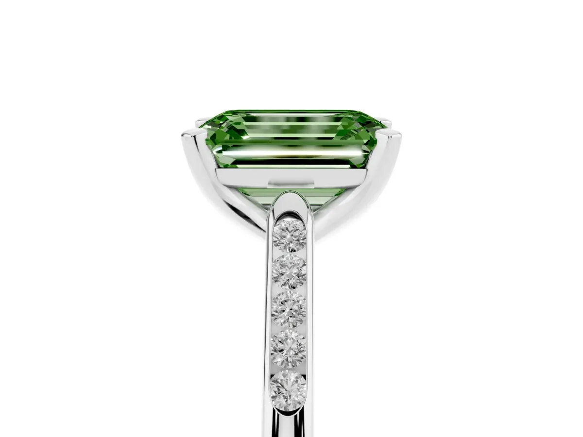 Fancy Green Emerald Cut Diamond Solitaire Ring with Channel Set Round Band and Prong Setting Silver