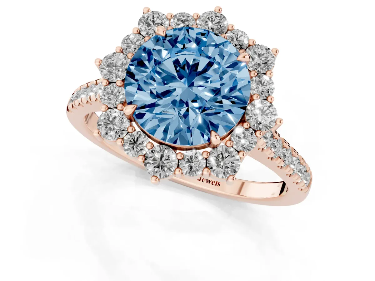 Fancy Blue Round Cut Halo Diamond Ring with Pavé Band and Prong Setting Rose gold