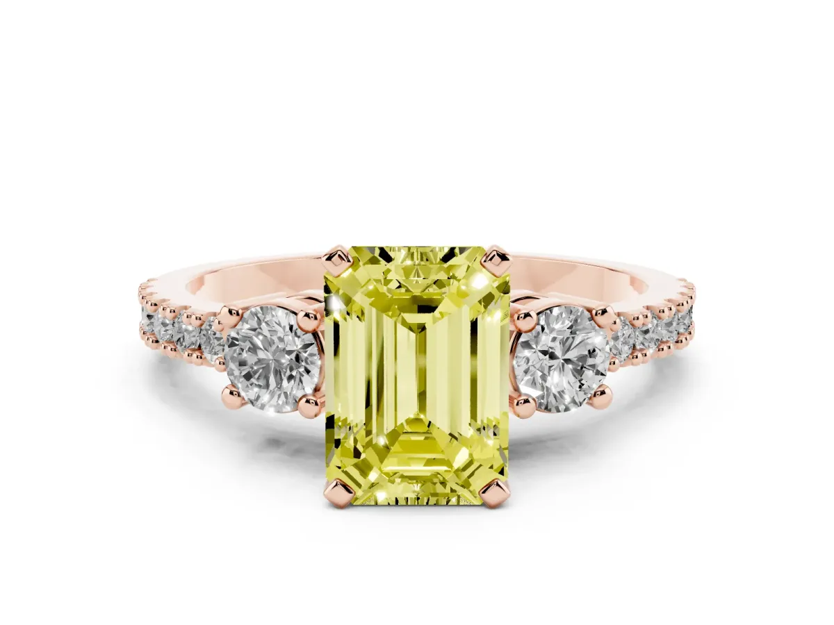 Fancy Yellow Emerald Cut Three-Stone Diamond Pavé Band with Prong Setting Rose gold