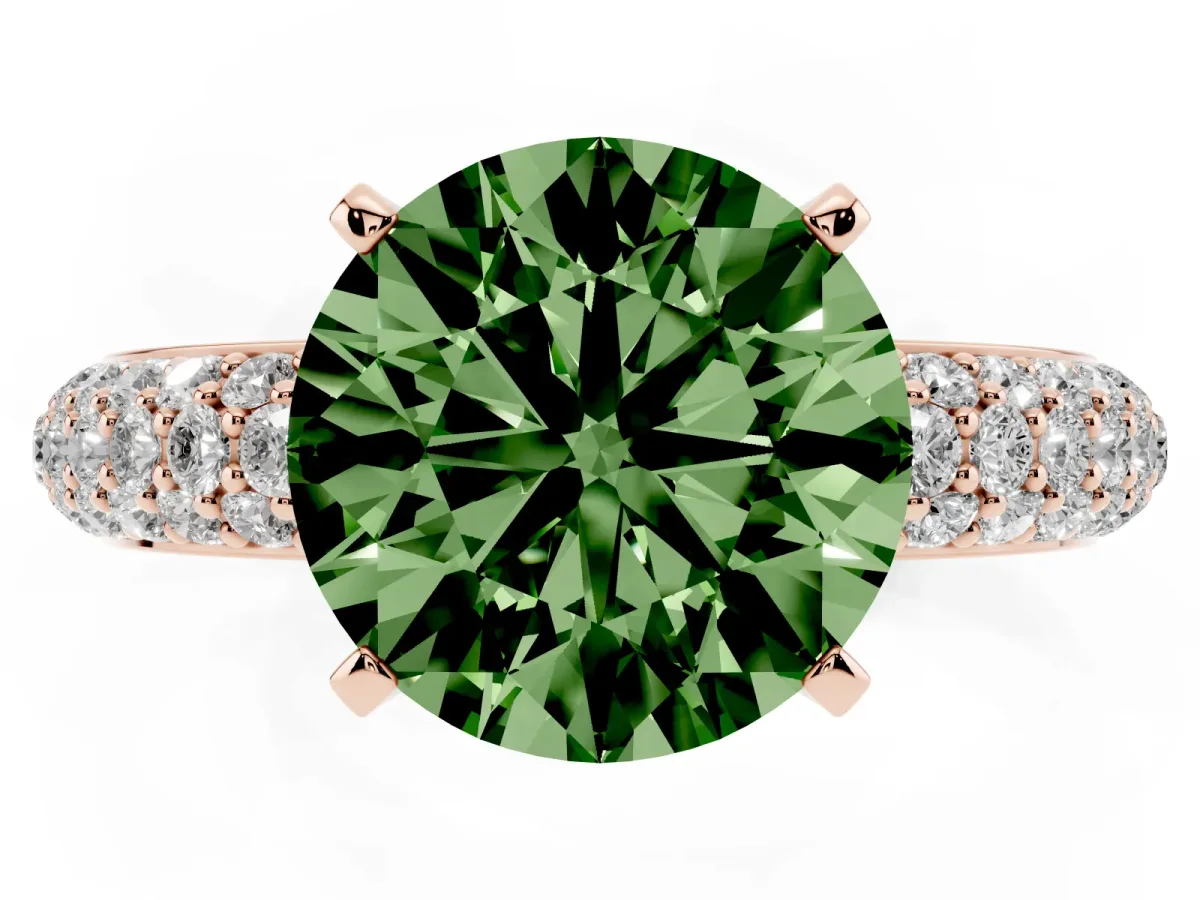 Fancy Green Round Cut Diamond Solitaire Ring with Prong Setting and Pavé Band Rose gold