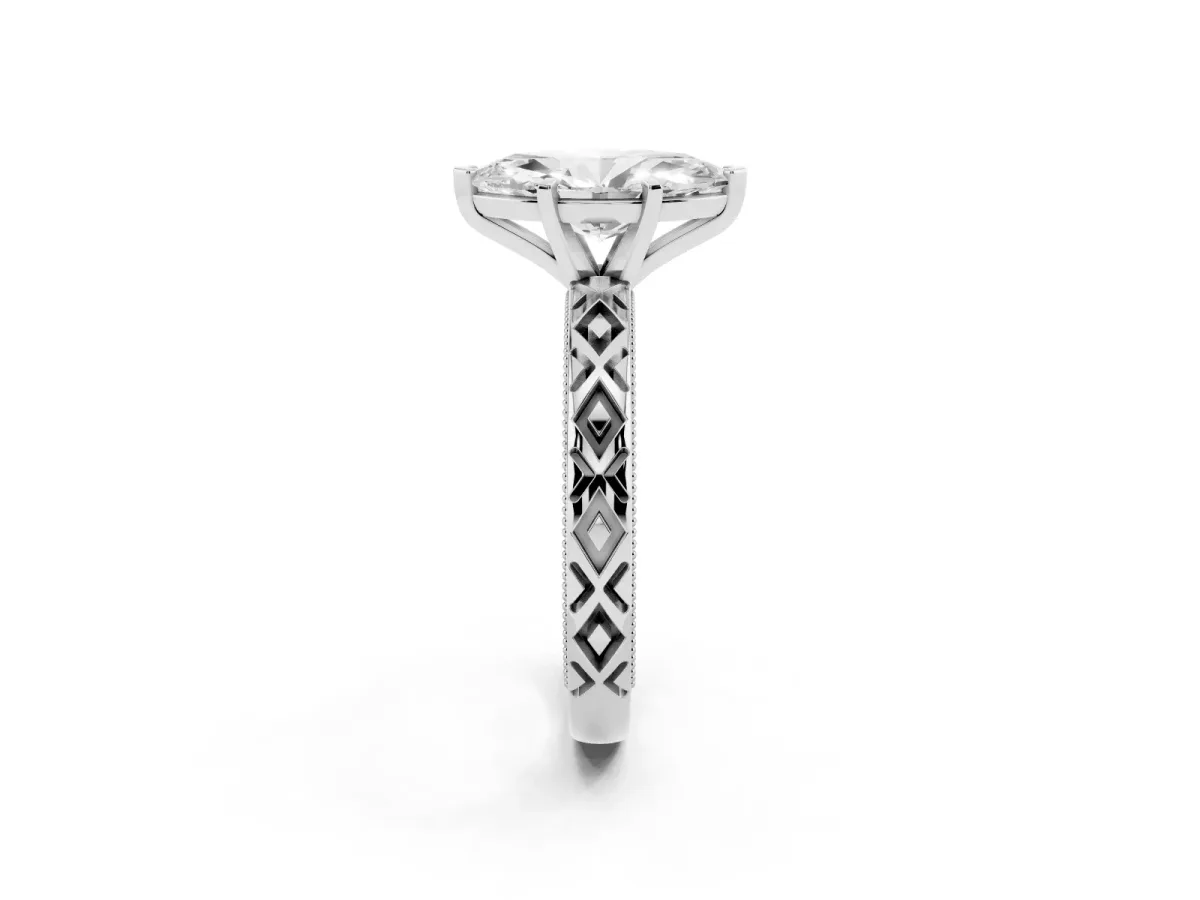 Marquise Cut Solitaire Diamond Ring with Milgrain and Black Enamel X Pattern Band Platinum