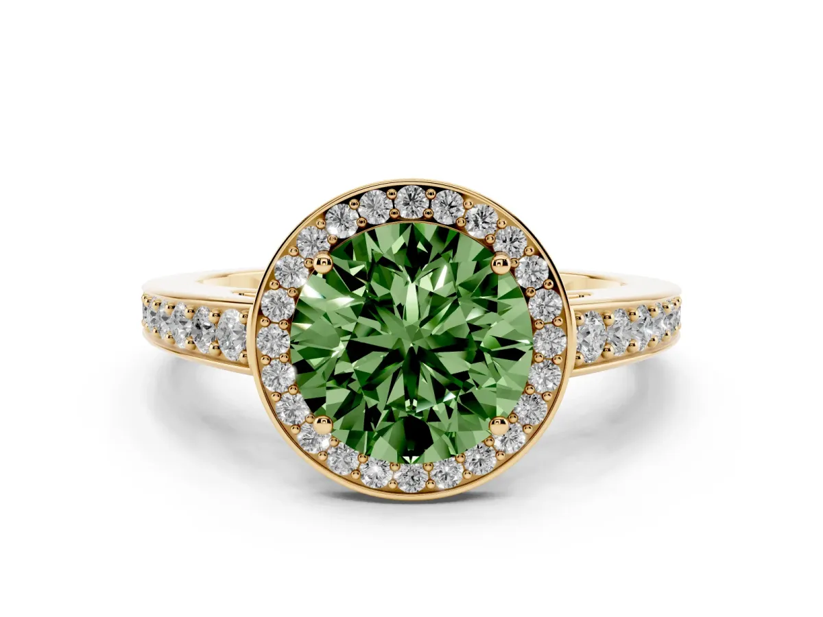 Fancy Green Round Cut Halo Pavé Diamond Engagement Ring with Bezel Setting Yellow gold
