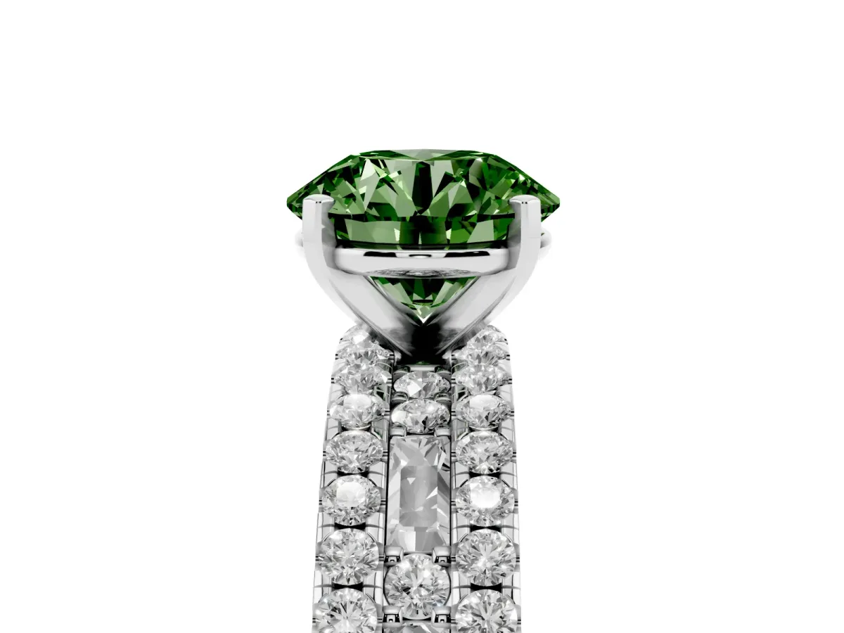 Fancy Green Round Cut Diamond Solitaire Ring with Pavé and Channel Set Band Silver
