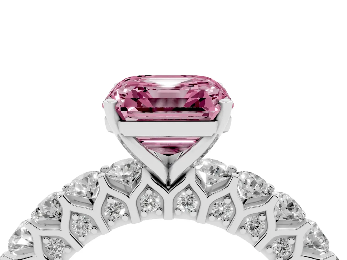 Fancy Pink Asscher Cut Diamond Solitaire Ring with Shared Prong Pavé Band and Four-Prong Setting Silver