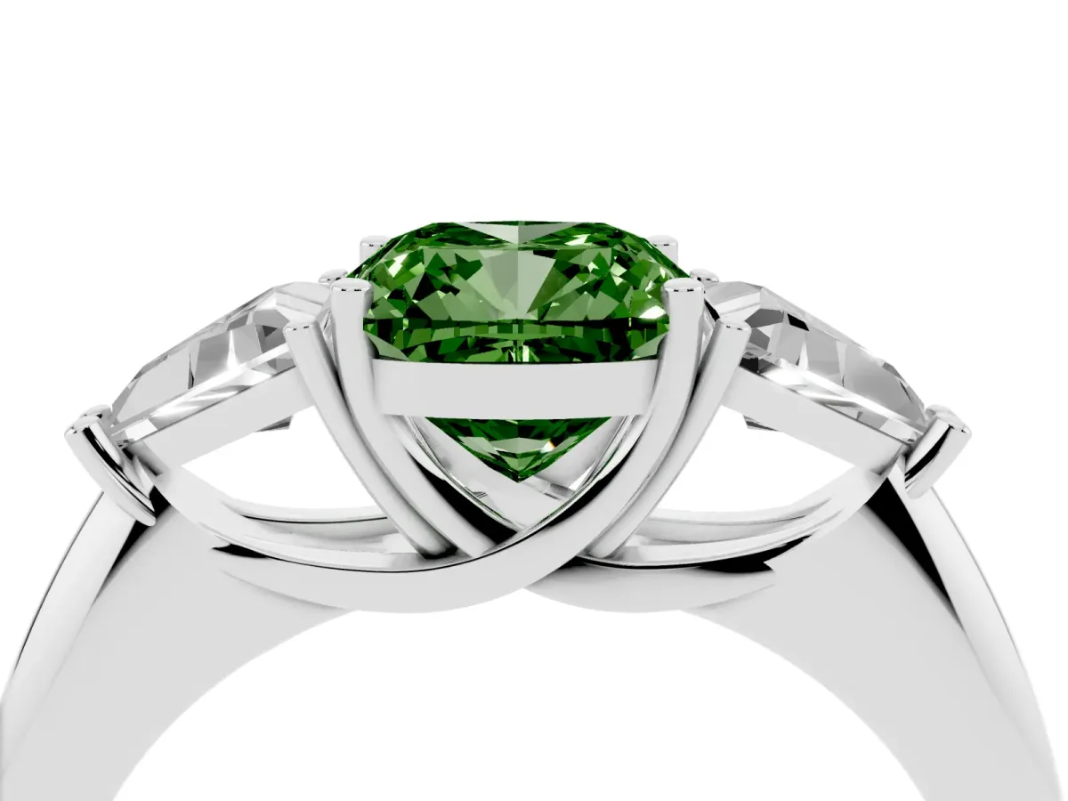 Fancy Green Three-Stone Cushion Cut Diamond Engagement Ring with Trillion Side Stones and Prong Setting Silver