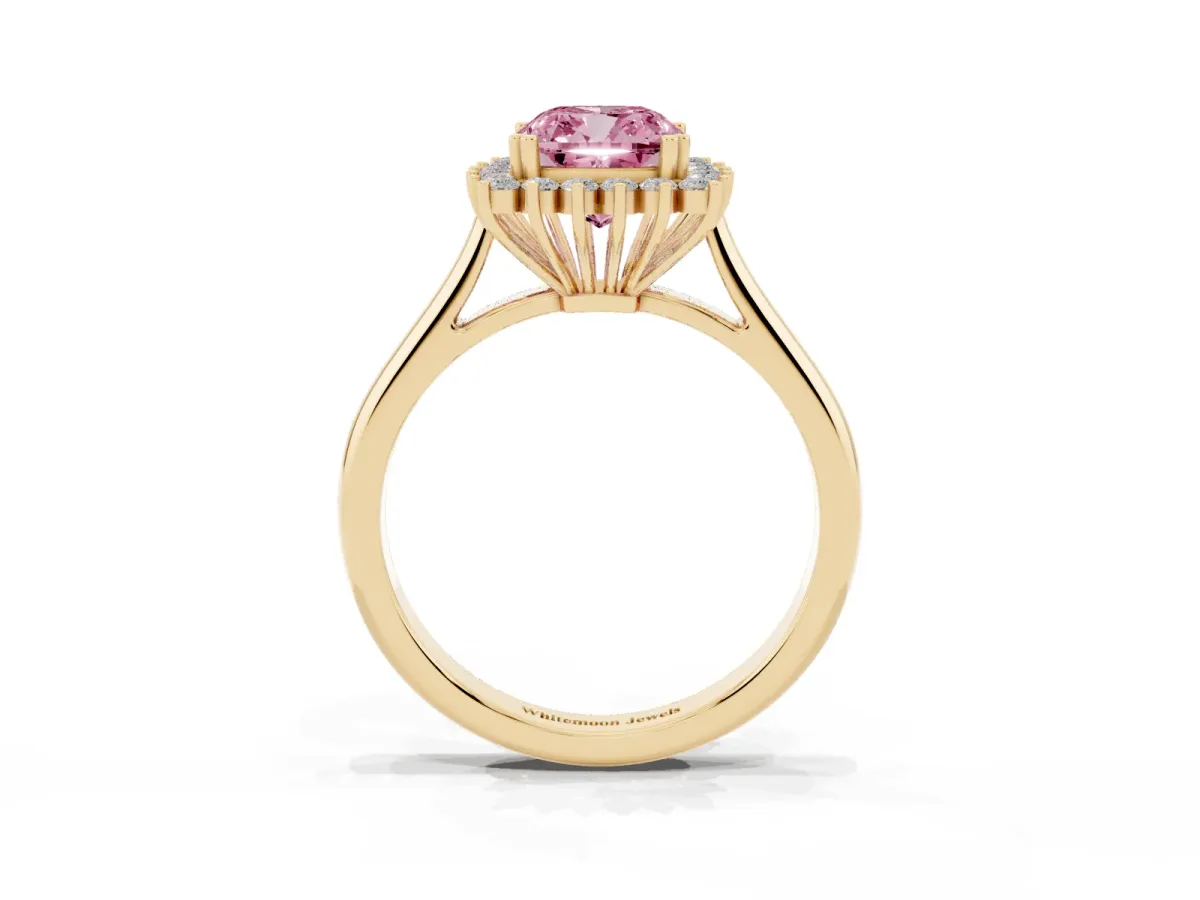 Fancy Pink Cushion Cut Cut Diamond Halo Ring with Solitaire Band and Prong Setting Yellow gold