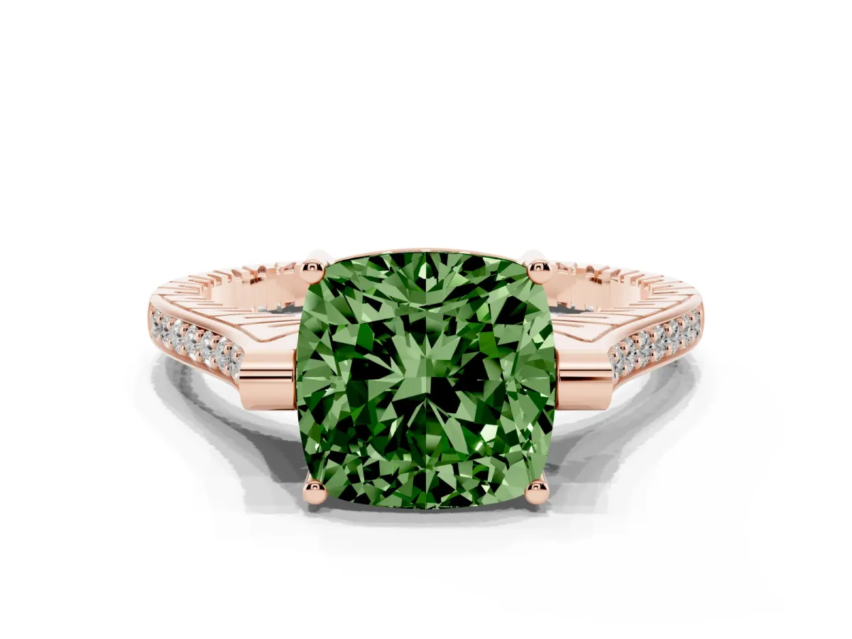 Fancy Green Cushion Cut Solitaire Diamond Ring with Channel Set Band and Bezel Prong Setting Rose gold