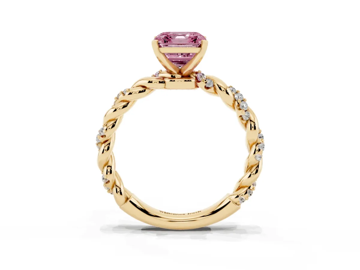Fancy Pink Asscher Cut Diamond Solitaire Ring with Twisted Band and Pavé Accents Yellow gold