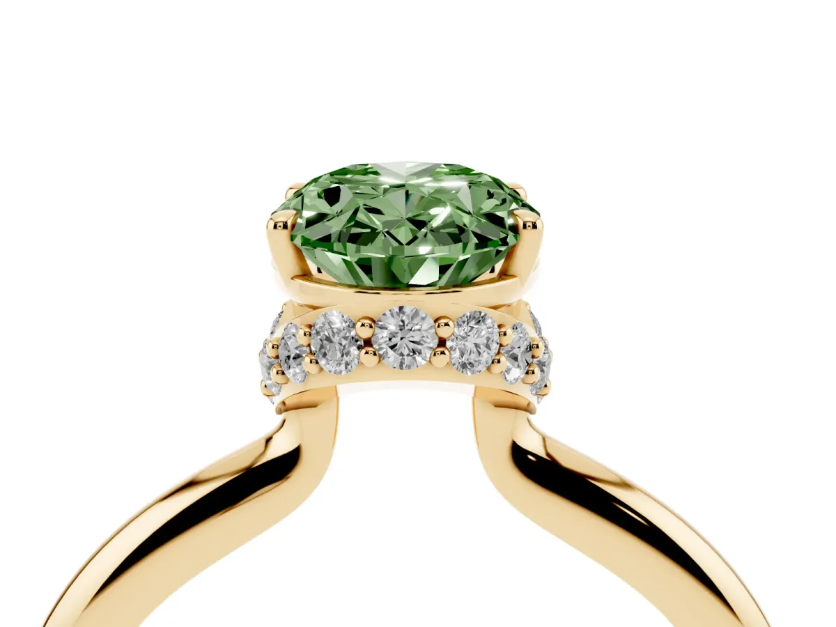Fancy Green Oval Cut Brilliant Solitaire Engagement Ring with Six-Prong Setting and Classic Band Yellow gold