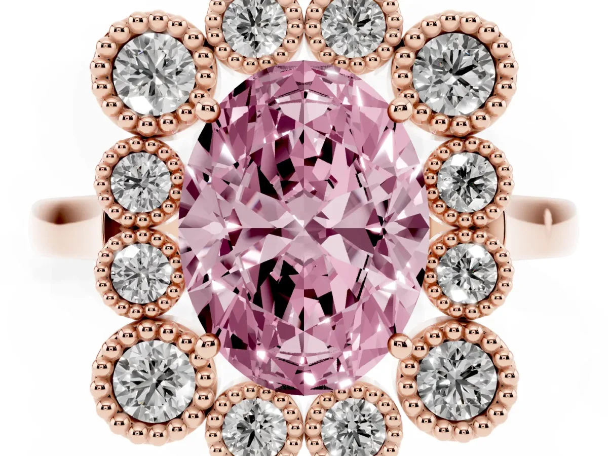 Fancy Pink Oval Cut Halo Diamond Cluster Engagement Ring with Milgrain Bezel Setting and Solitaire Band Rose gold