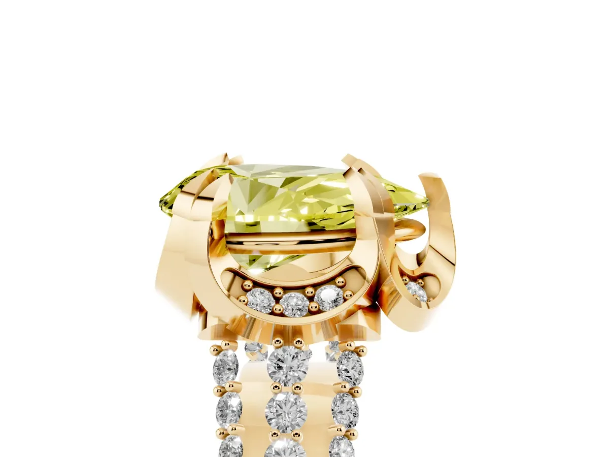 Fancy Yellow Pear Cut Solitaire Pave Split Shank Ring with Four-Prong Setting Yellow gold