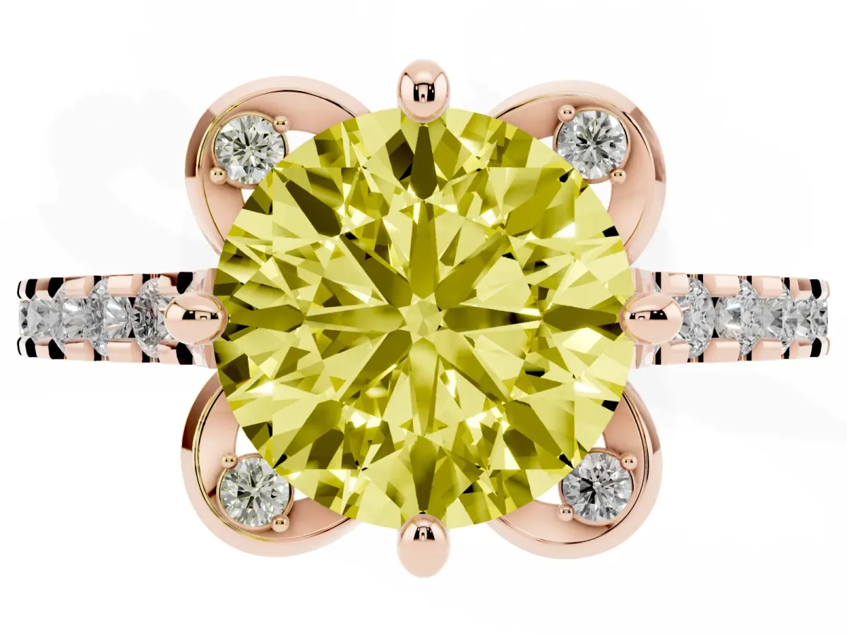 Fancy Yellow Round Cut Diamond Ring with Pavé Band and Floral Prong Setting Rose gold