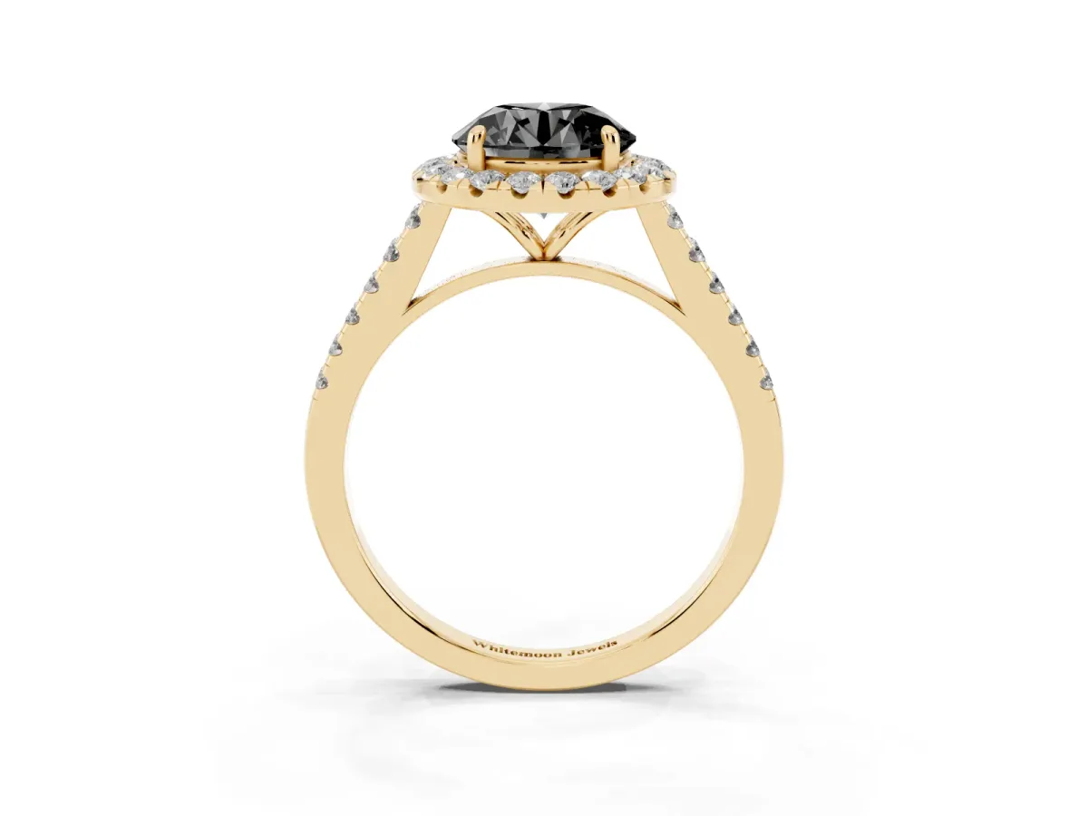 Fancy Black Round Cut Halo Pave Diamond Engagement Ring with Four-Prong Setting Yellow gold
