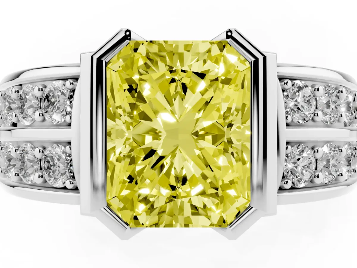 Fancy Yellow Radiant Cut Brilliant Diamond Channel Set Wide Band Ring with Bezel Setting Silver