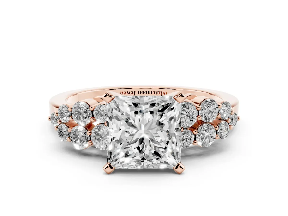 Princess Cut Cluster Diamond Engagement Ring with Pavé Band and Four-Prong Setting Rose gold