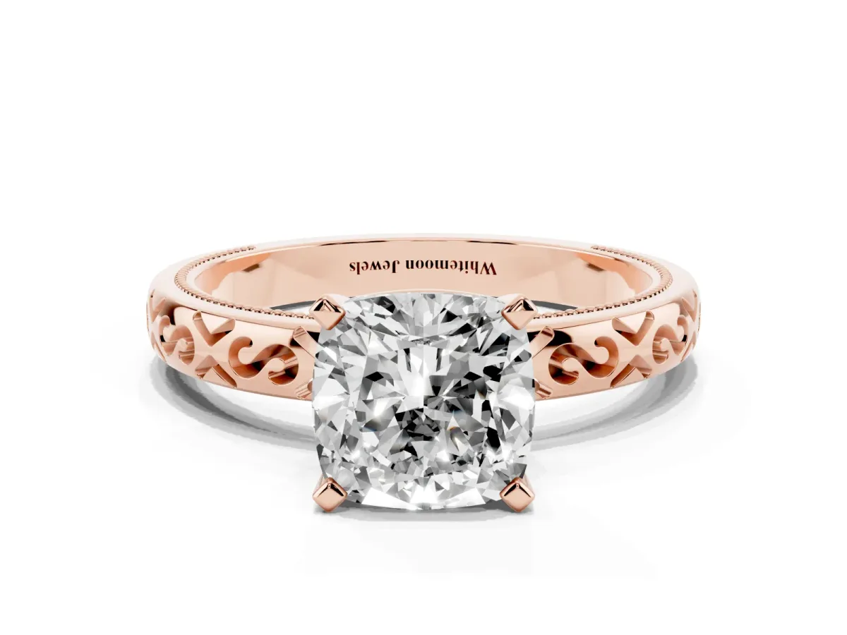 Cushion Cut Solitaire Engagement Ring with Scrollwork Band and Four-Prong Setting Rose gold