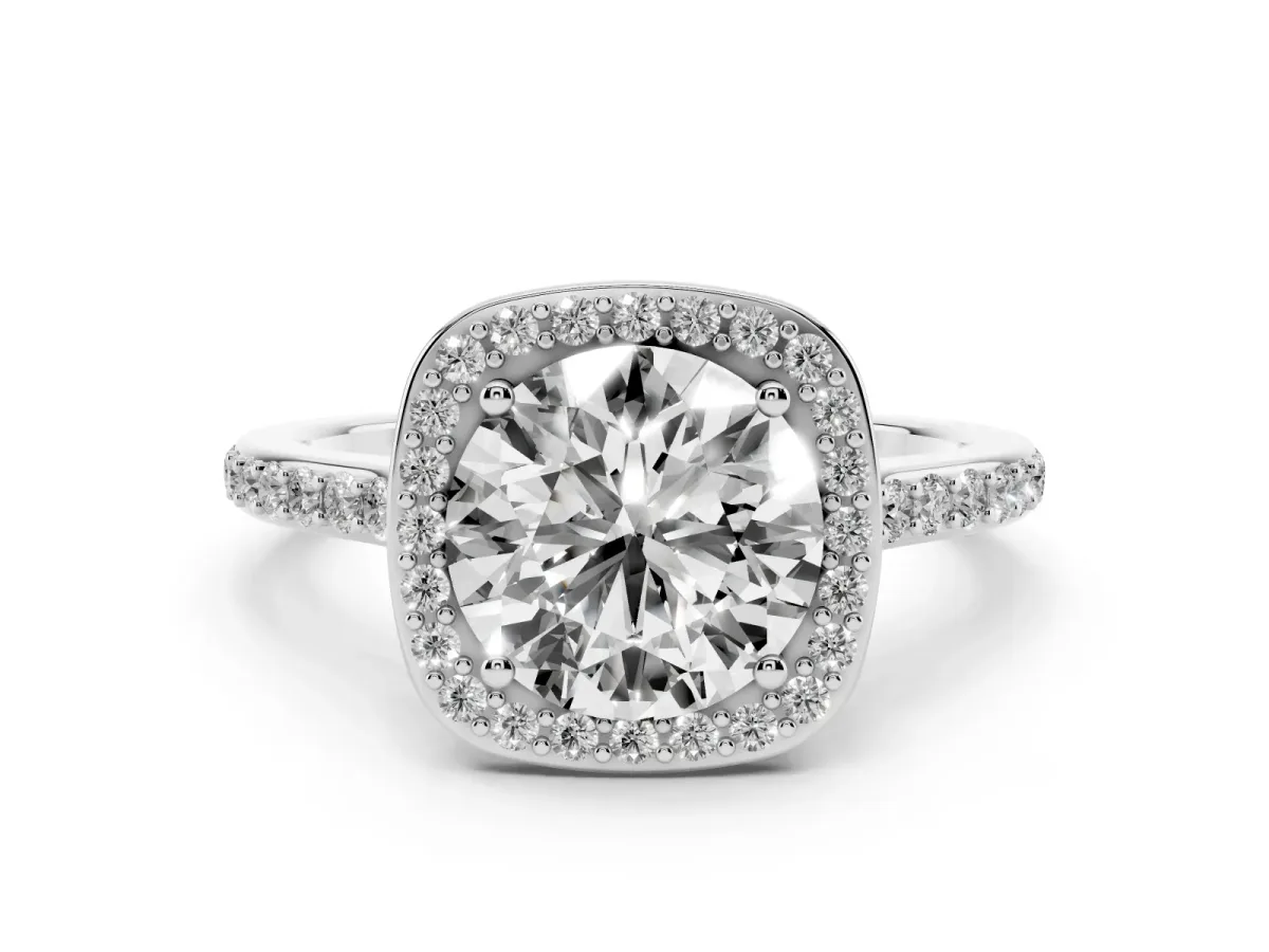 Round Cut Diamond Halo Engagement Ring with Round Pavé Shoulders and Prong Setting Silver