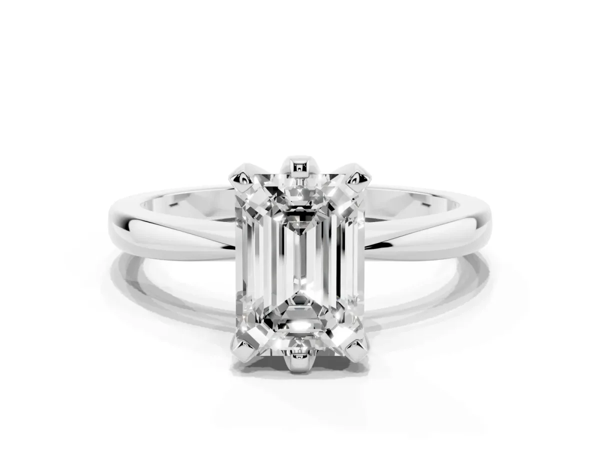 Emerald Cut Solitaire Engagement Ring with Six-Prong Setting and Tapered Band Platinum