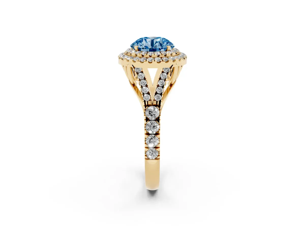 Fancy Blue Round Cut Diamond Double Halo Ring with Split Shank and Prong Setting Yellow gold