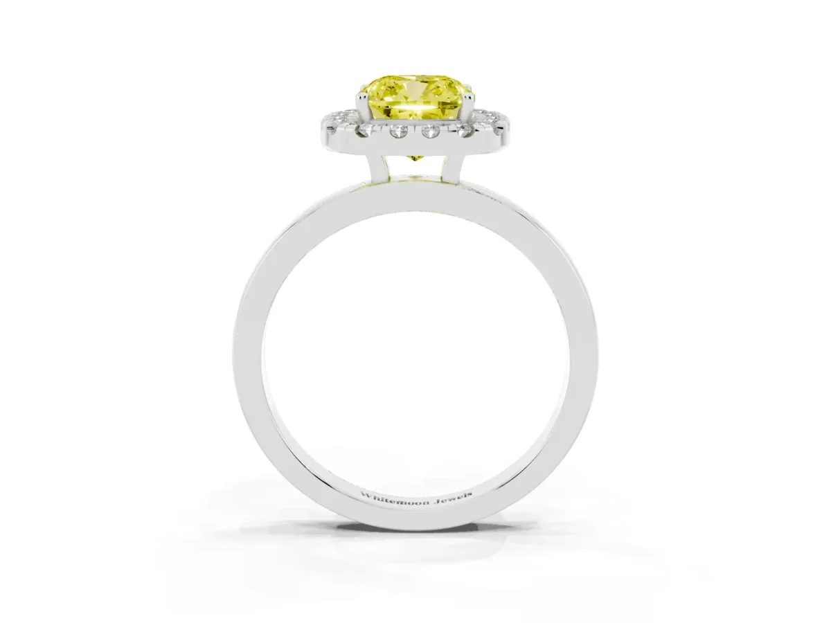 Fancy Yellow Cushion Cut Halo Diamond Solitaire with Pavé Band and Four-Prong Setting White gold
