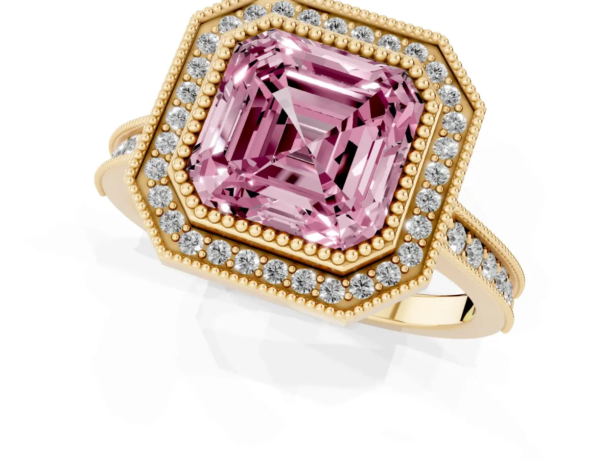 Fancy Pink Halo Asscher Cut-Cut Diamond Pave Band Milgrain Prong Setting Ring Yellow gold