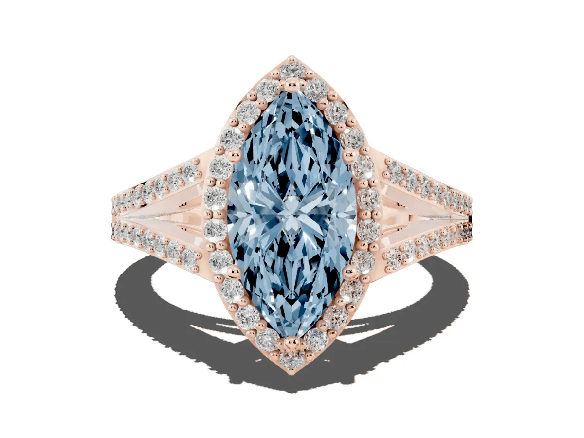 Fancy Blue Marquise Cut Halo Split Shank Pave Diamond Ring with Four-Prong Setting Rose gold