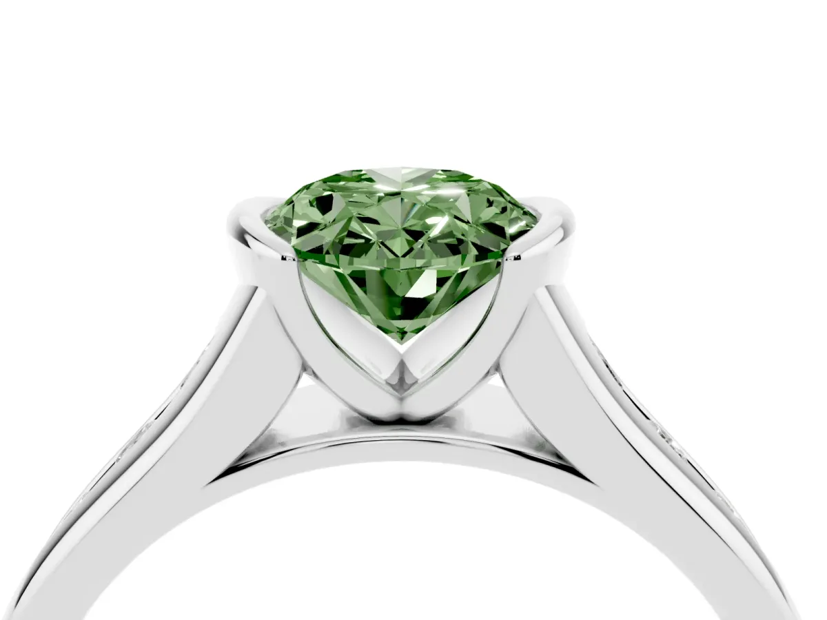 Fancy Green Oval Cut Solitaire Bezel-Set Diamond Ring with Channel-Set Band Silver