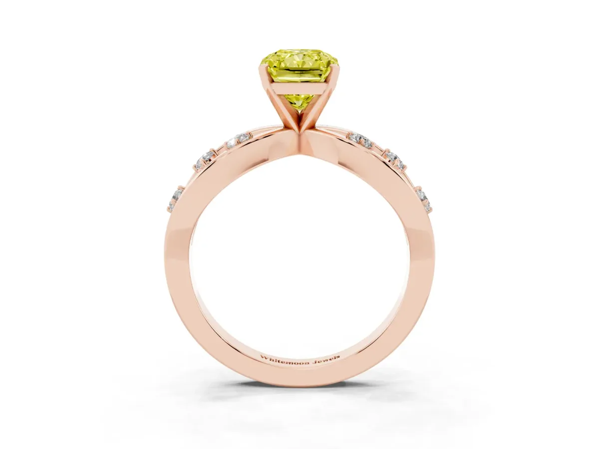 Fancy Yellow Radiant Cut Cut Solitaire Diamond with Side Stones on Criss-Cross Band and Four-Prong Setting Rose gold