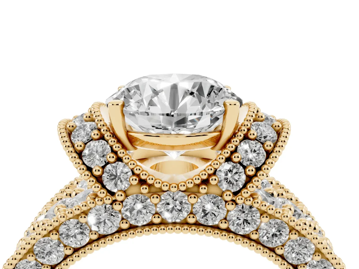 Round Cut Halo Pave Diamond Engagement Ring with Milgrain Detailing Yellow gold