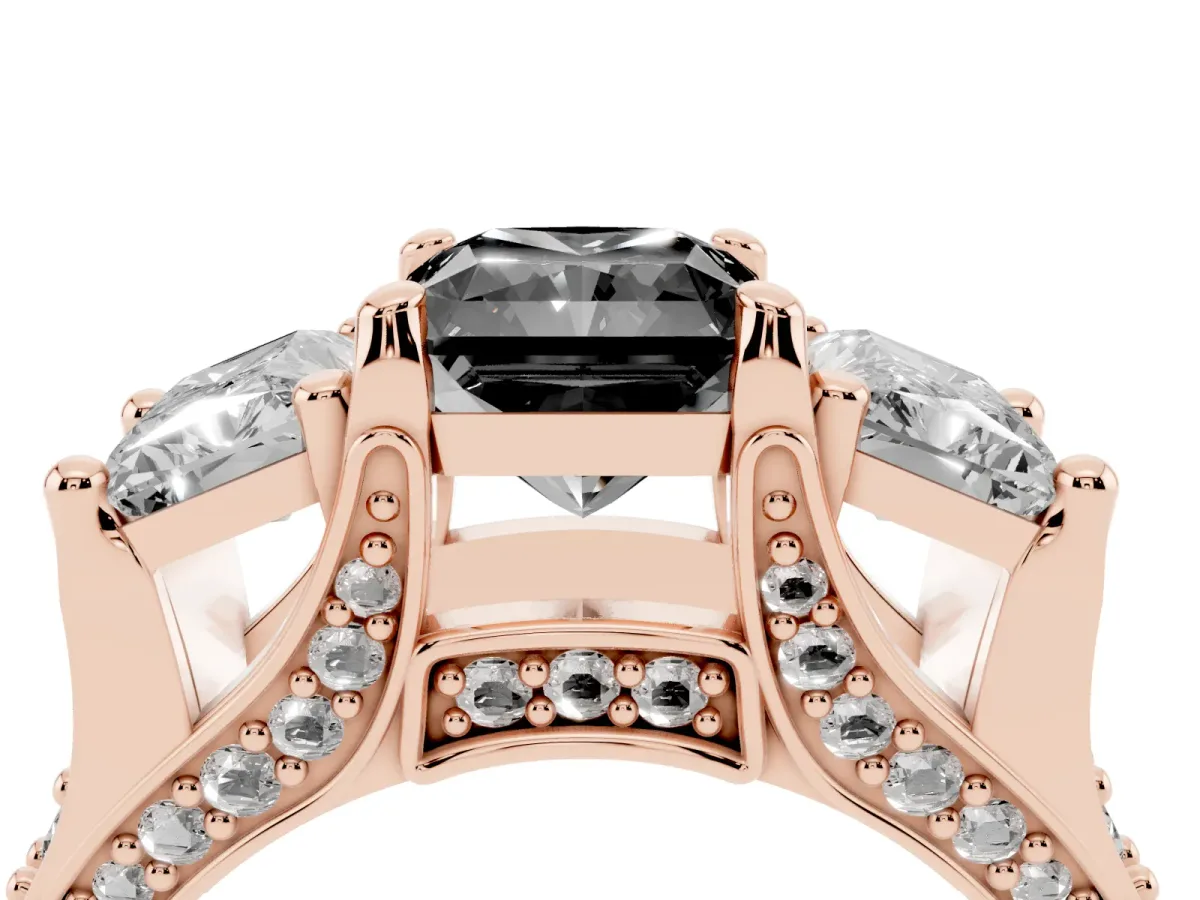 Fancy Black Radiant Cut Diamond Three-Stone Ring with Channel Set Band and Four-Prong Setting Rose gold