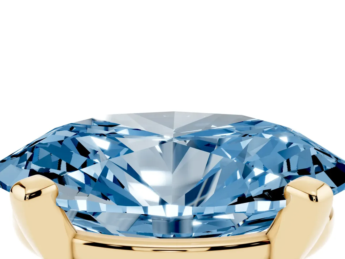 Fancy Blue Oval Cut Diamond Solitaire Ring with Prong Setting and Classic Band Yellow gold