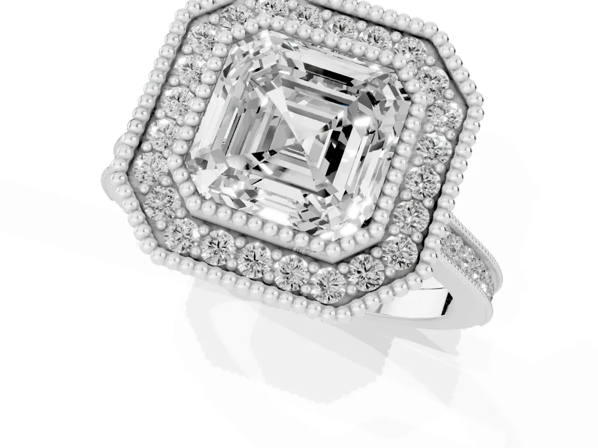 Asscher Cut Diamond Halo Ring with Milgrain Frame and Pavé Band Silver