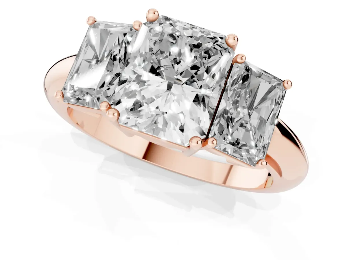 Three-Stone Radiant Cut Cut Diamond Engagement Ring with Prong Setting on a White Gold Band Rose gold