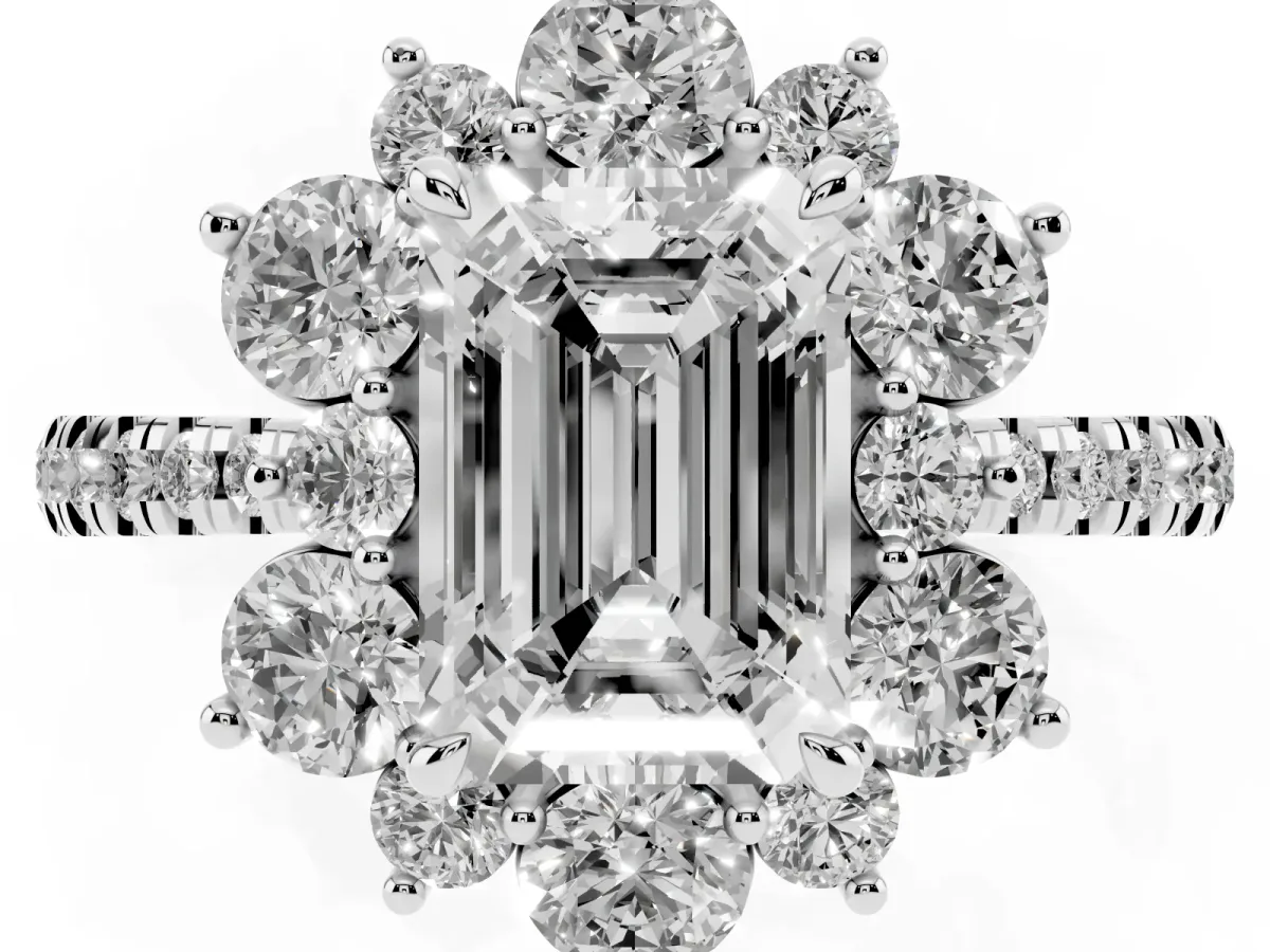 Emerald Cut Diamond Floral Halo Ring with Round Pavé Band and Prong Setting White gold