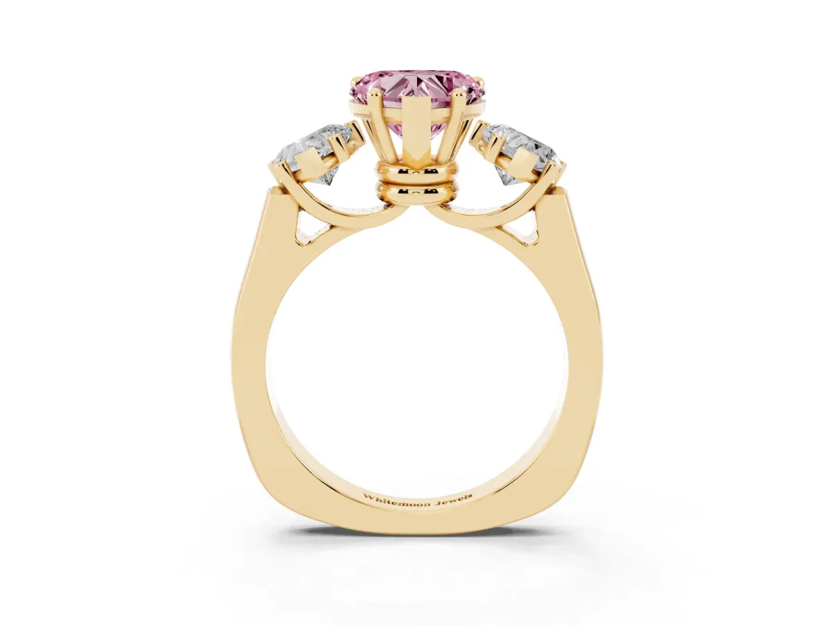 Fancy Pink Three-Stone Heart Cut Brilliant Diamond Trellis Ring with Comfort Fit Band Yellow gold