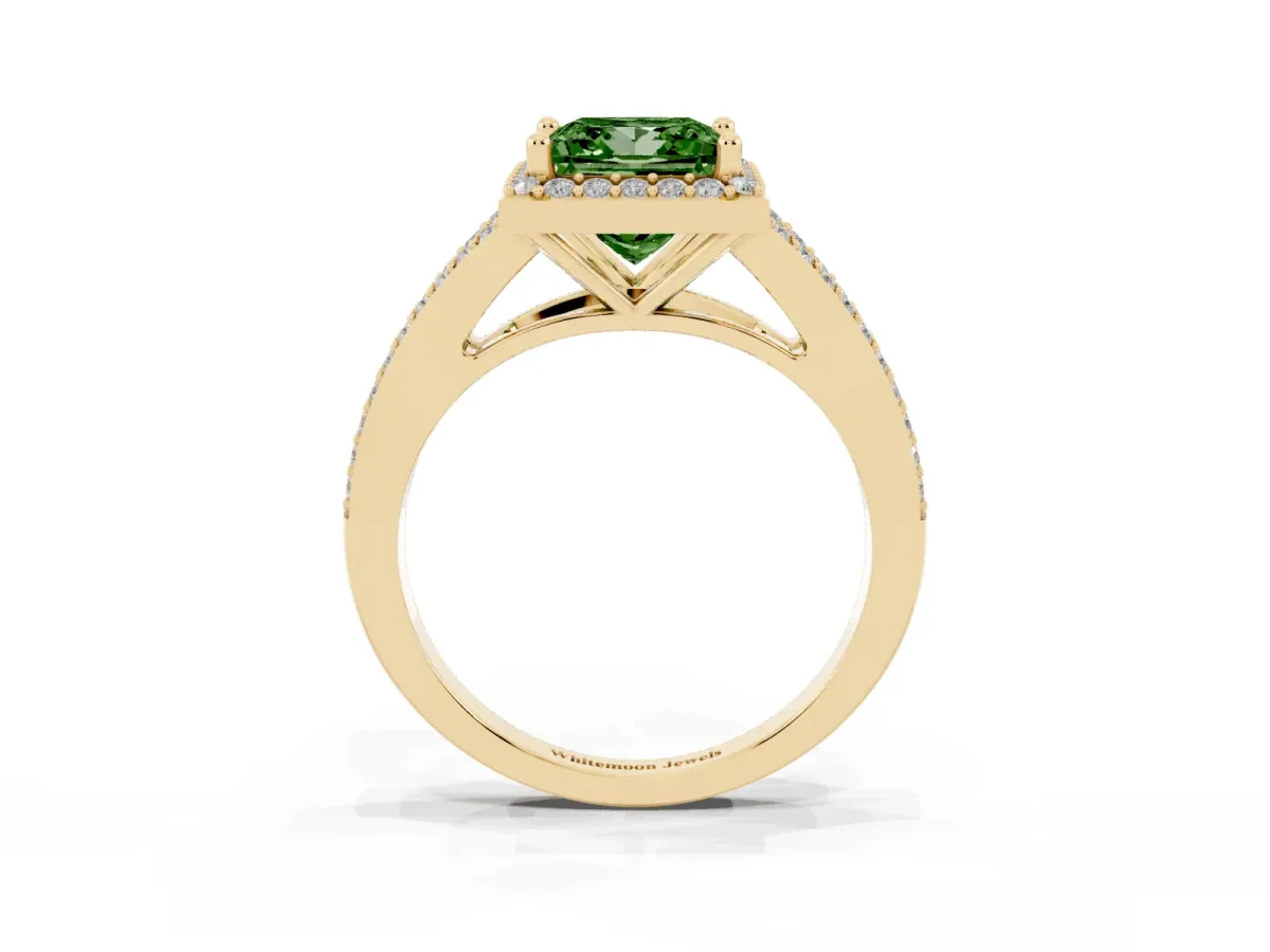 Fancy Green Princess Cut Halo Split Shank Pave Diamond Ring with Four-Prong Setting Yellow gold