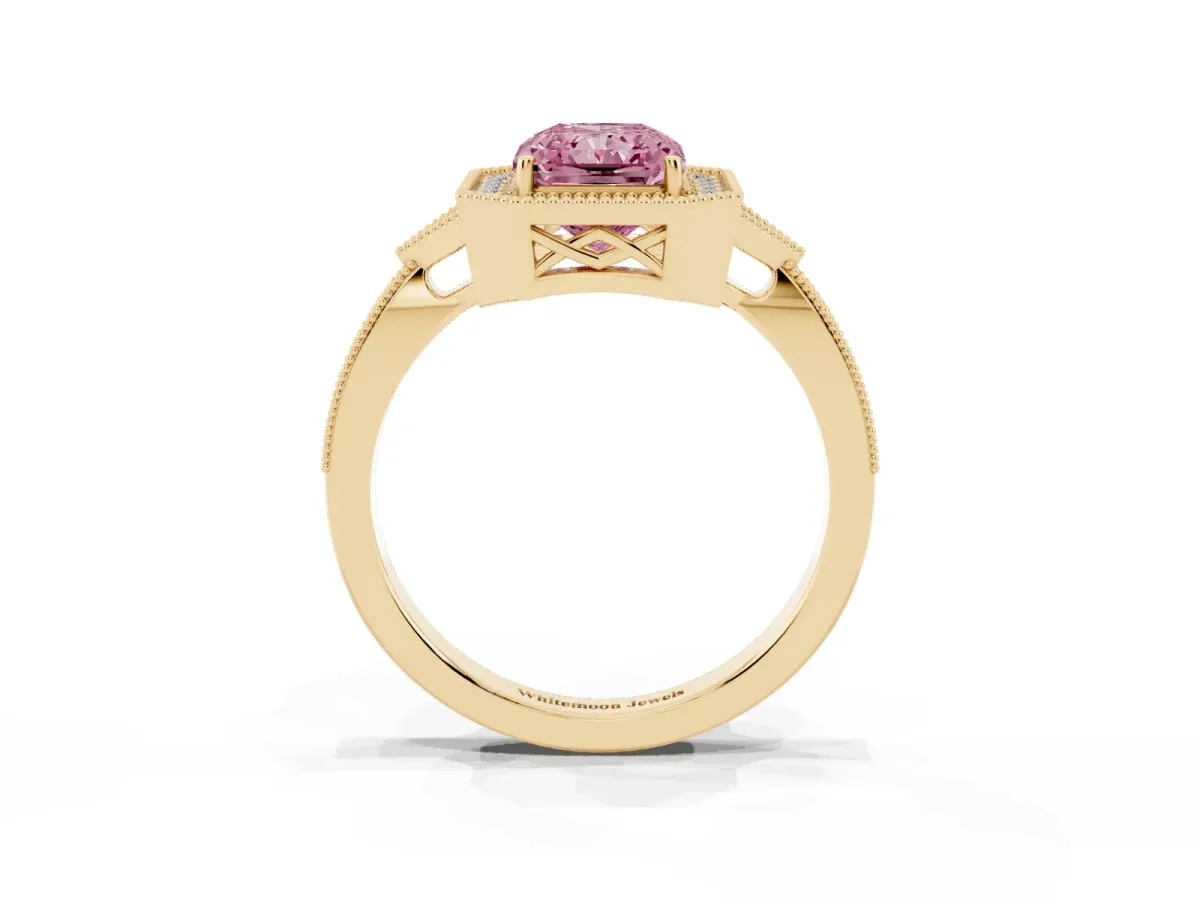 Fancy Pink Radiant Cut Halo Round Diamond Milgrain Pave Engagement Ring Yellow gold