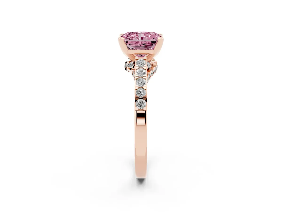 Fancy Pink Radiant Cut Diamond Solitaire Ring with Crossover Gallery and Round Pavé Band Rose gold