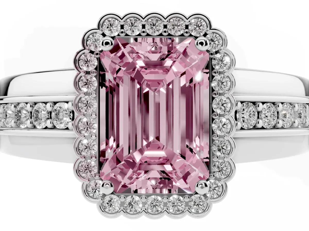 Fancy Pink Emerald Cut Cut Halo Pave Band Four-Prong Ring Silver