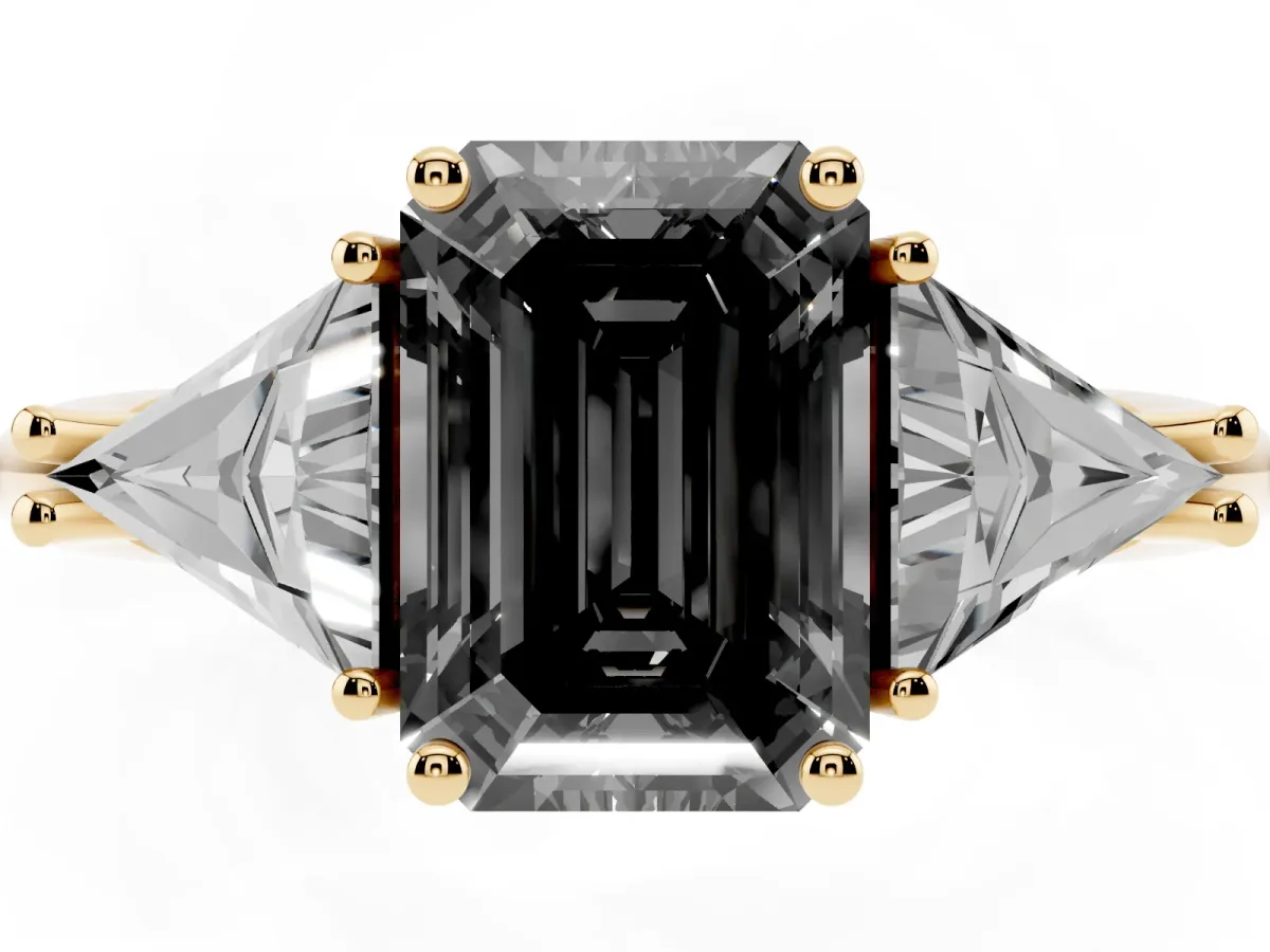 Fancy Black Three-Stone Emerald Cut Diamond Engagement Ring with Trillion Side Stones and Prong Setting Yellow gold