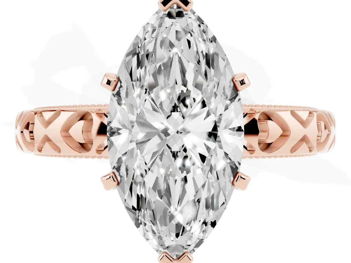 Marquise Cut Solitaire Diamond Engagement Ring with XO Engraved Band and Four-Prong Setting Rose gold
