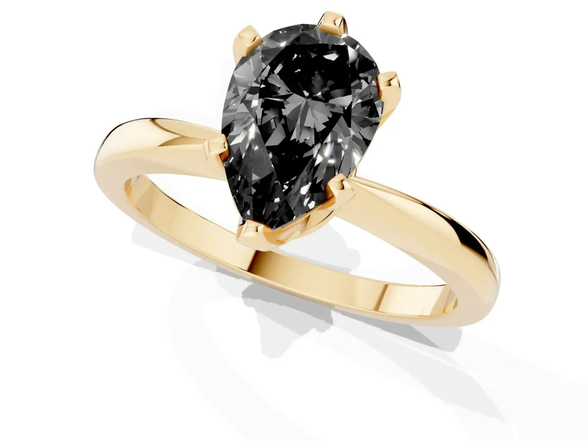 Fancy Black Pear Cut Solitaire Engagement Ring with Six-Prong Setting and Tapered Band Yellow gold