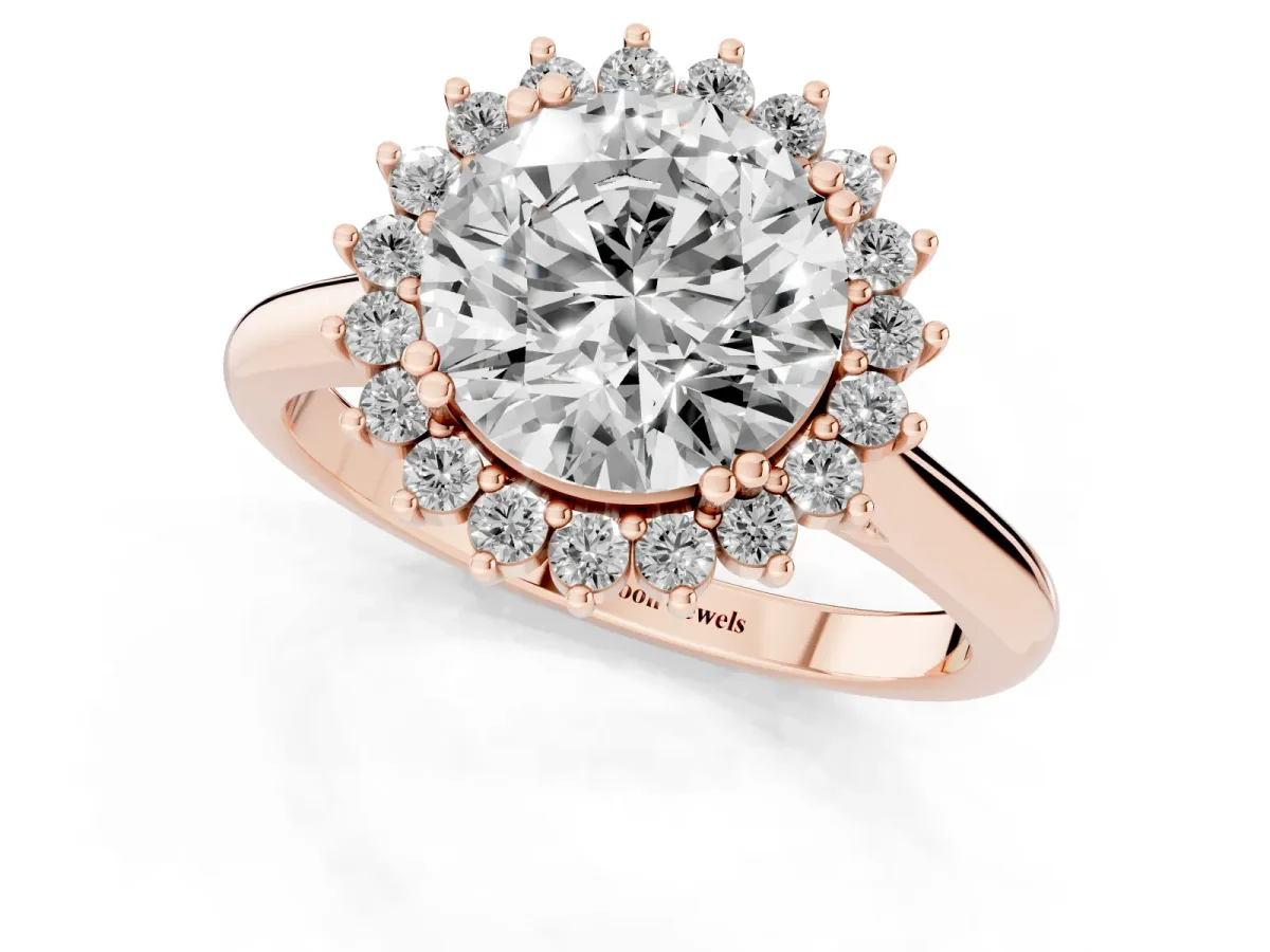 Round Cut Cut Diamond Halo Ring with Solitaire Band and Prong Setting Rose gold