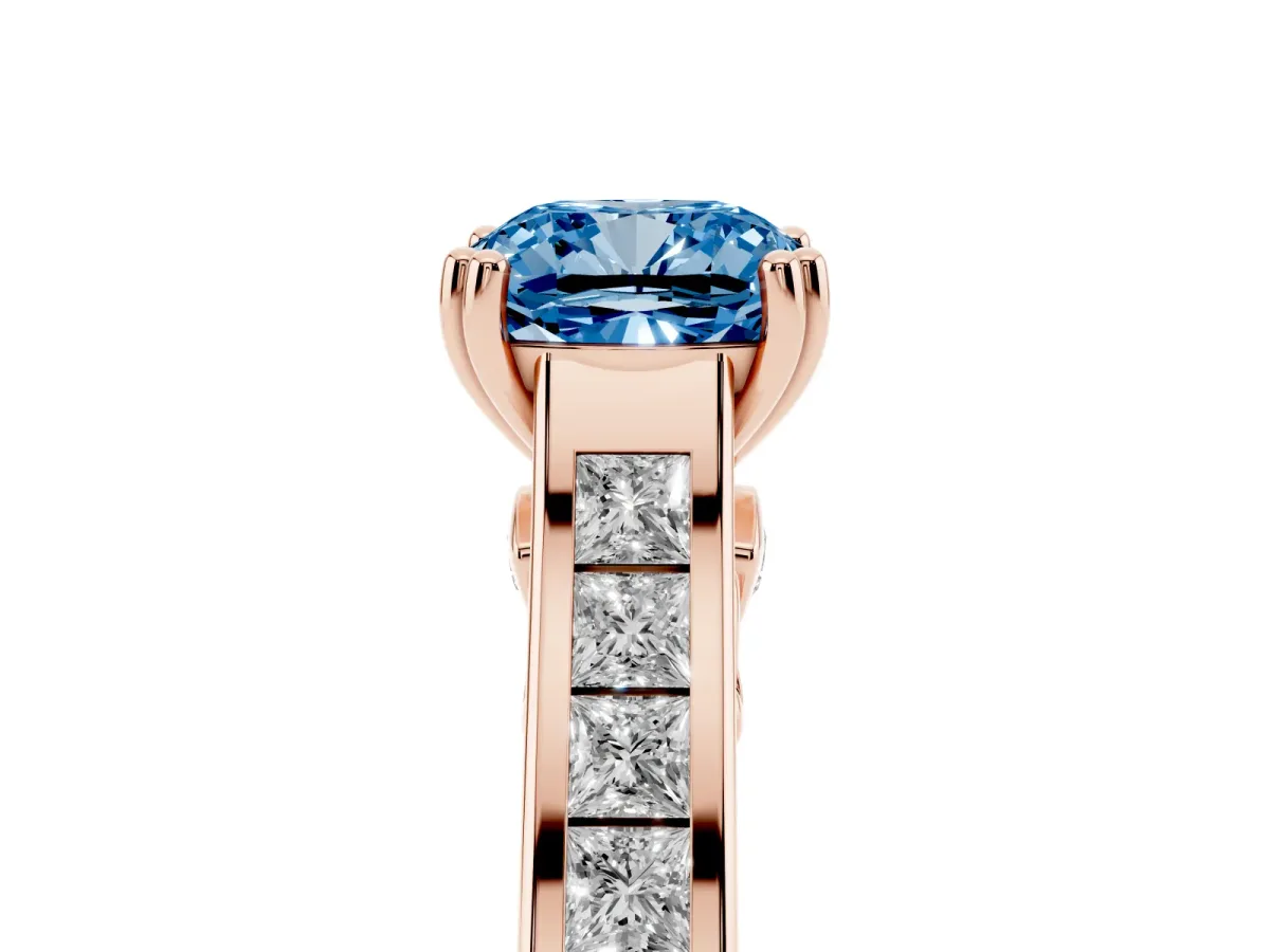 Fancy Blue Cushion Cut Cut Channel Set Solitaire Engagement Ring with Prong Setting Rose gold
