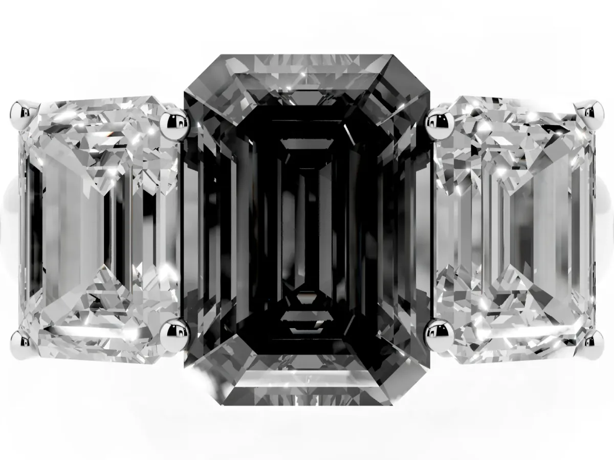 Fancy Black Emerald Cut Three-Stone Diamond Ring with Prong Setting on a Classic Band White gold