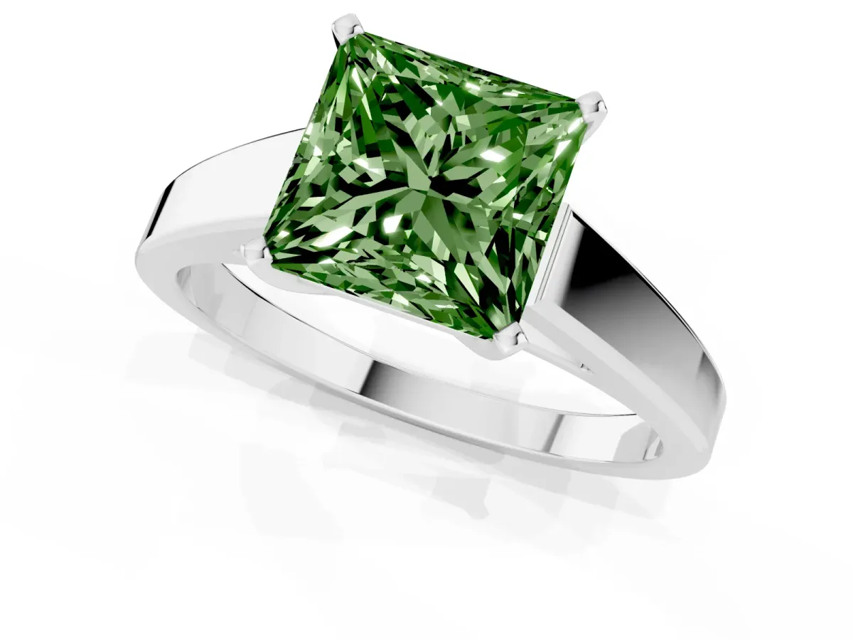 Fancy Green Princess Cut Solitaire Engagement Ring with Four-Prong Setting and Tapered Band White gold