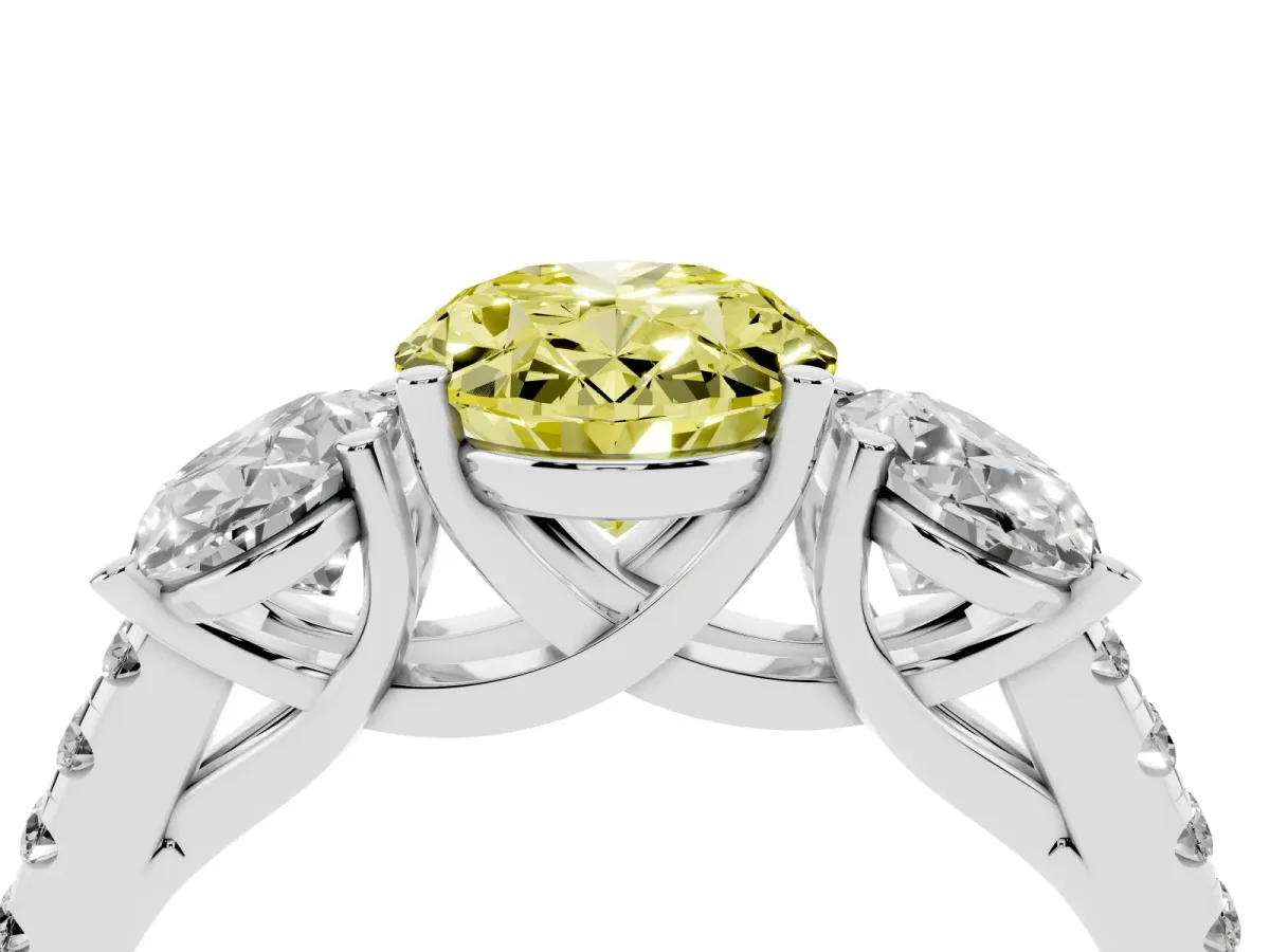 Fancy Yellow Three-Stone Oval Cut Diamond Ring with Round Pavé Band and Prong Setting Silver