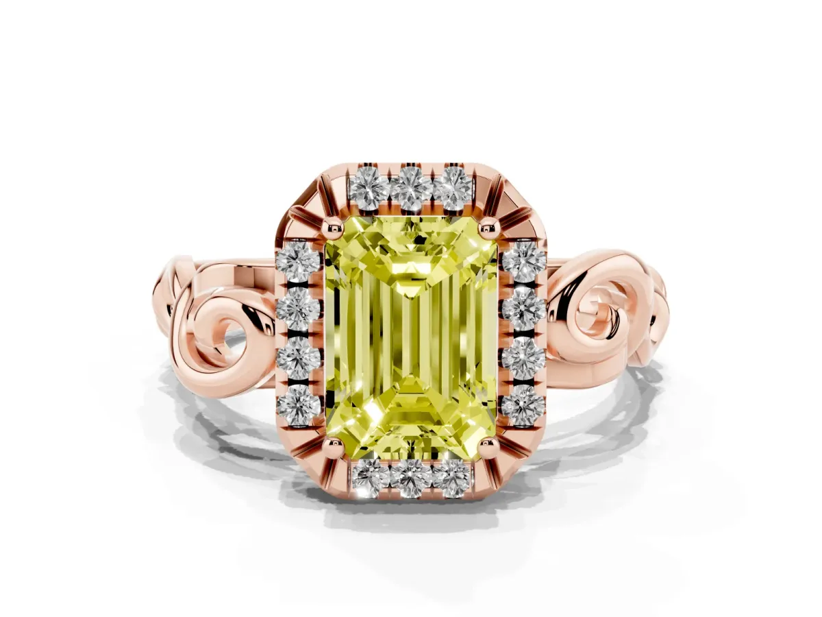 Fancy Yellow Emerald Cut Cut Halo Diamond Ring with Scrollwork Band and Four-Prong Setting Rose gold
