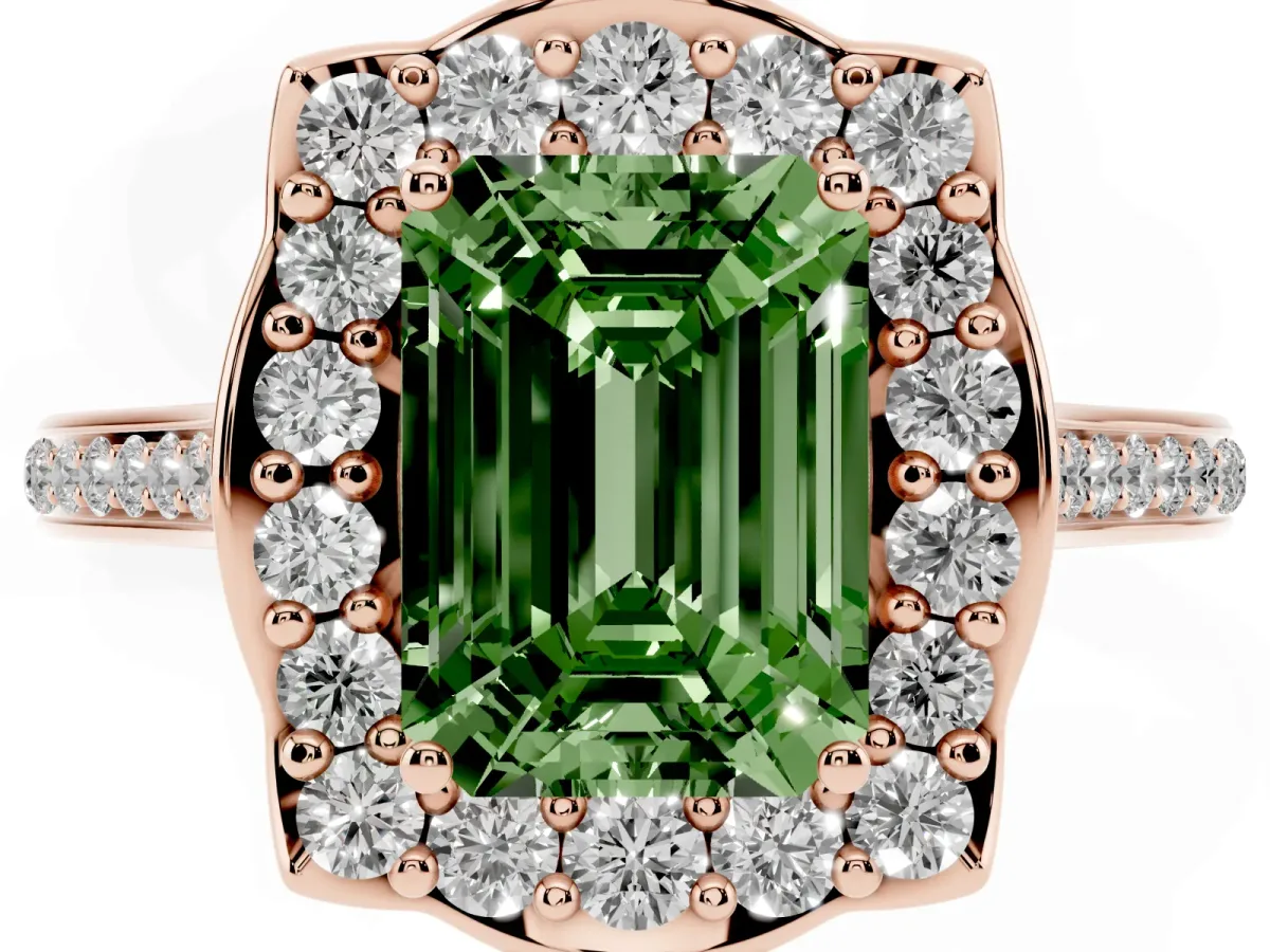 Fancy Green Emerald Cut Halo Round Diamond Pave Band with Four-Prong Setting Rose gold