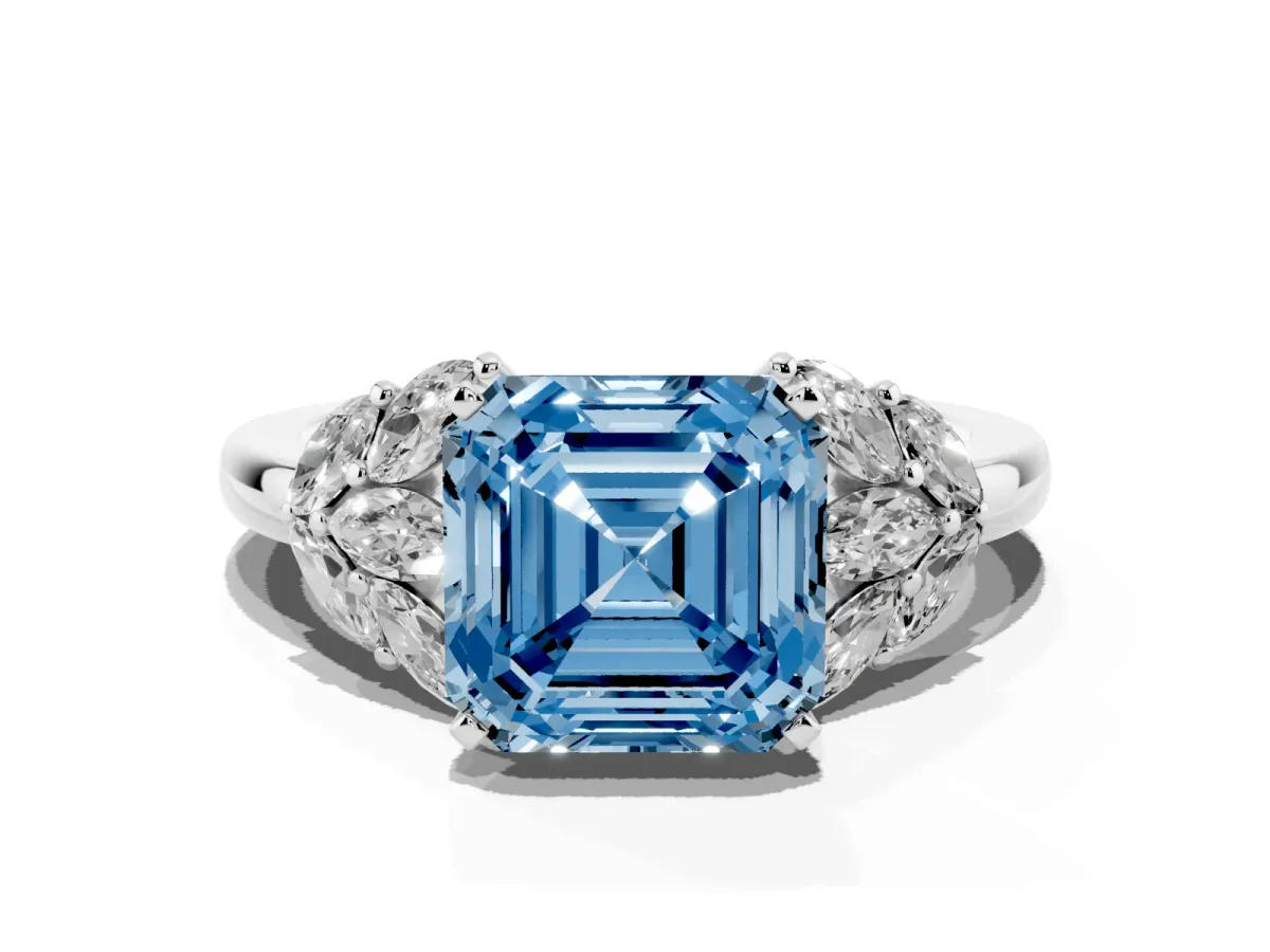 Fancy Blue Asscher Cut Diamond Cluster Leaf Design Ring with Prong Setting Silver